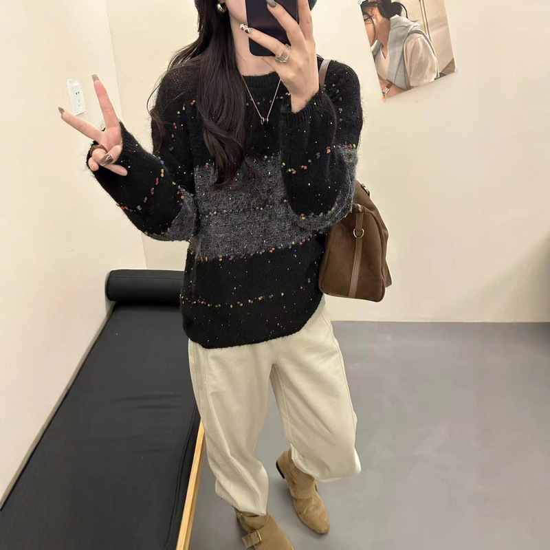 巨好看的韩系氛围感穿搭撞色针织衫女早秋宽松慵懒高级感毛衣上衣|undefined