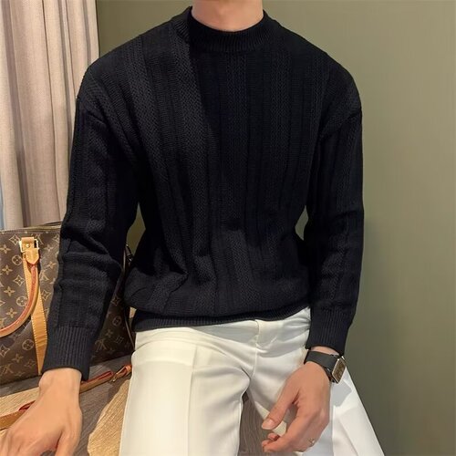 Trendy punk handsome relaxed sense of micro-hollow art design twisted flower solid color comfortable crew neck long sleeve knit sweater for men