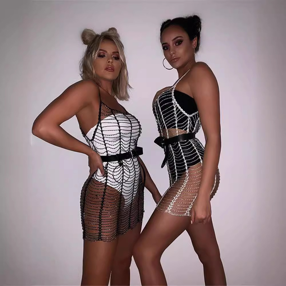 European and American Cross-border Beach Vacation Sexy Vacation Hand-crocheted Hollow Beaded Stacked Blouse Dress