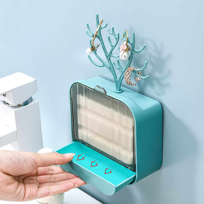 Creativo Flip caja de jabón de almacenamiento en rack pendientes accesorios para el cabello estante de almacenamiento baño caja de jabón de drenaje sin agua montado en la pared