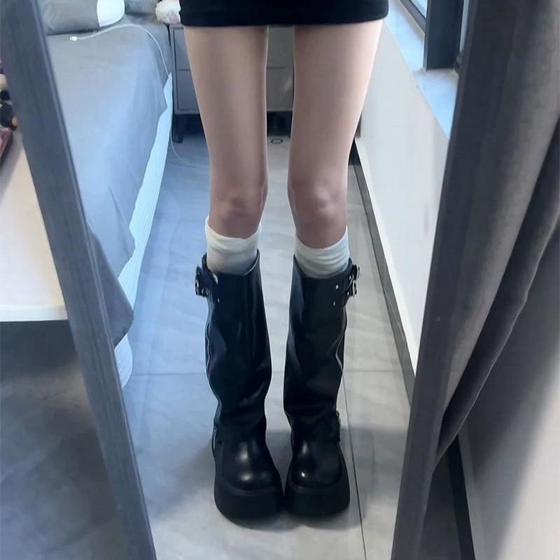 美式复古裤管靴女2025新款大头甜酷风厚底不过膝长靴高筒骑士靴子|undefined