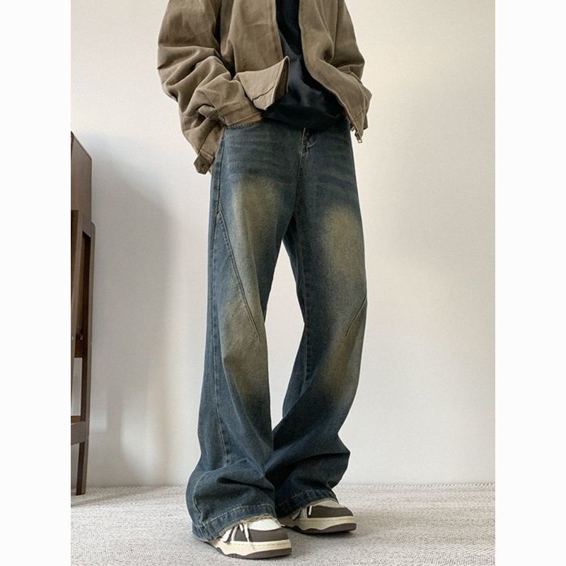 Men's High Street Cleanfit Vintage Washed Denim Jeans - Relaxed Fit Straight Leg Trousers For Casual Wear​_mkmklike.com