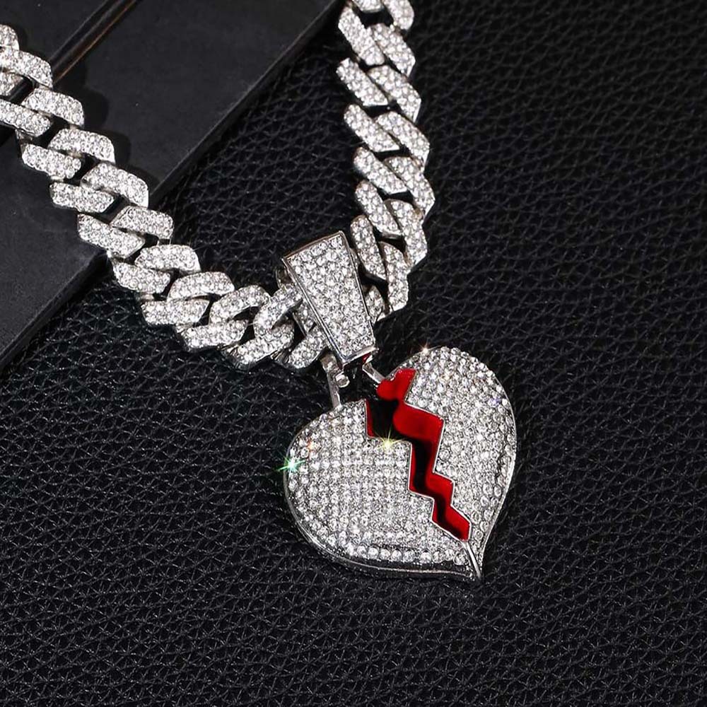 Collier pendentif cœur brisé unique orné de diamants, bijou hip-hop, chaîne cubaine en alliage de zinc, style unisexe, zircon_voghion.com
