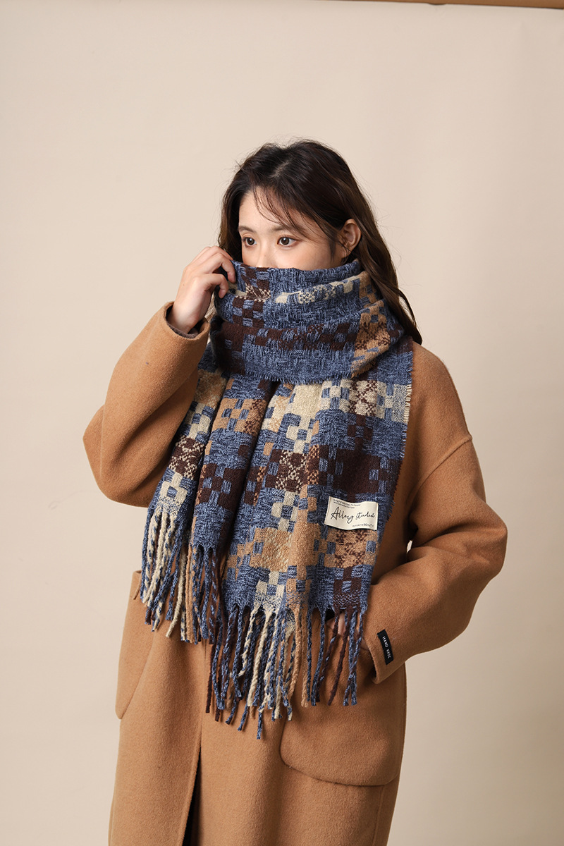 Autumn and winter atmosphere woven plaid fringe warm scarf couples, enlarged thick long scarf, shawl for warmth_voghion.com