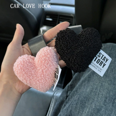Car Tissue Box Litchi Pattern Light Luxury Love Heart Hanging Strap Car Paper Box Armrest Box Seat Back Tissue Bag Women (Car tissue box/set) - pink-black-velvet-love-hook-2