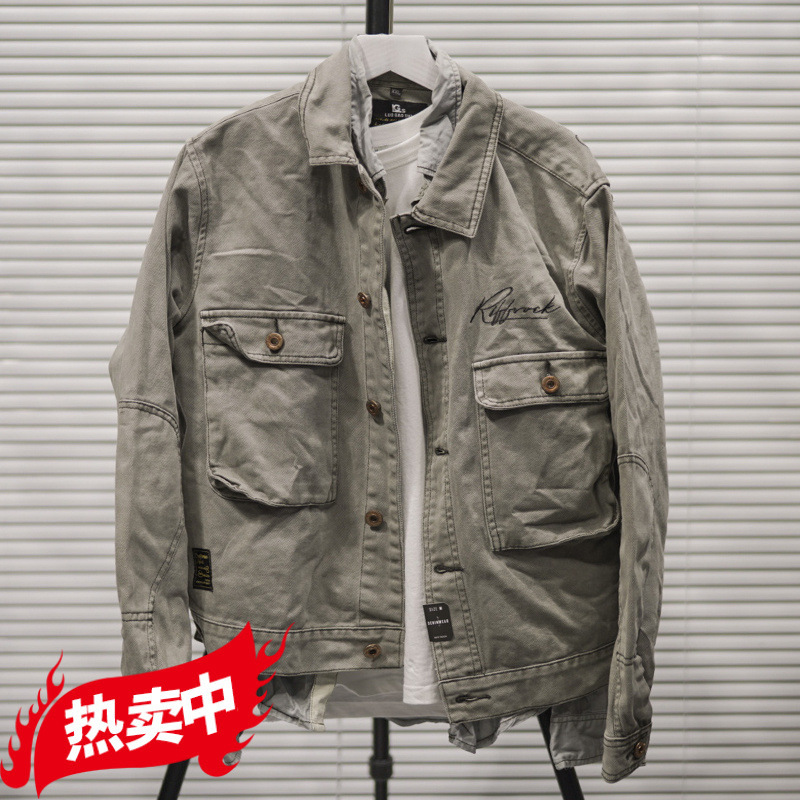 Autumn New American Style Kaji Denim Jacket Coat Men's Heavy Industry Washed Motorcycle Vintage Letter Embroidered Top