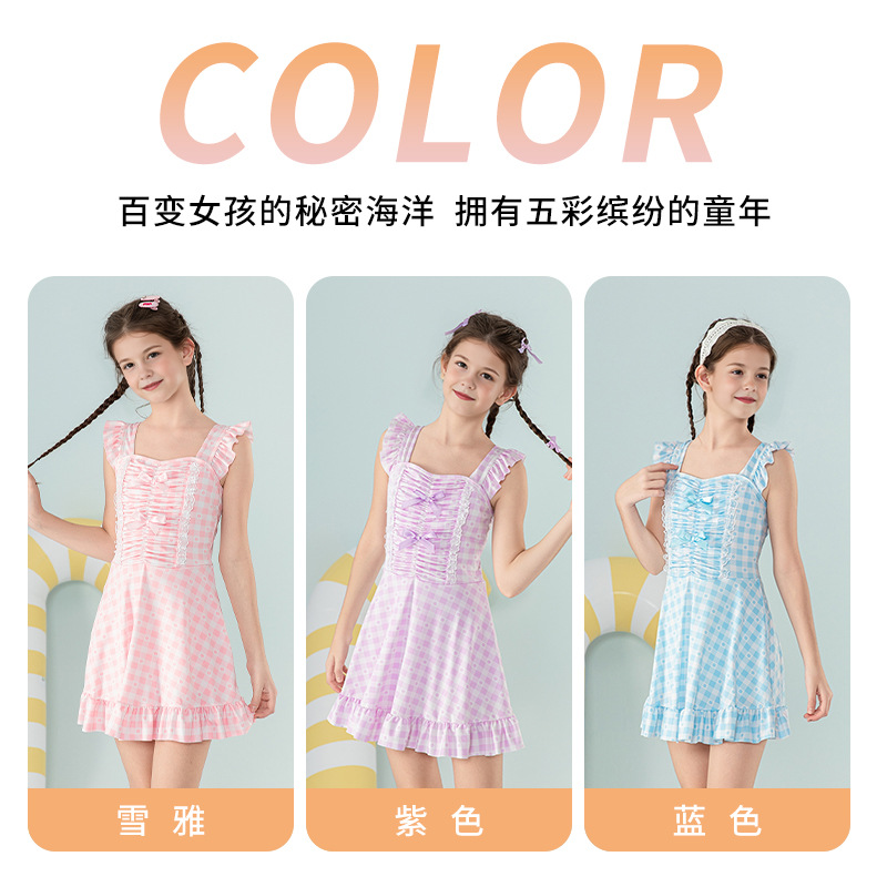 Traje de baño de una pieza para niñas, verano, princesa, estilo 2025, nuevo estilo, niña grande, dulce traje de baño de estilo occidental a cuadros al por mayor