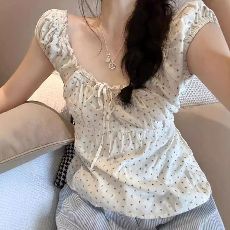 Brandy BM new lace bow pullover shirt women's bm sweet floral waist slimming all-match top