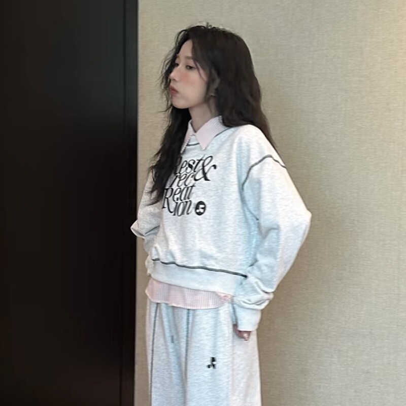 Korean Designer 2025 Spring New Rr Retro Printed Letters Rr Topstitched Round Neck Terry Sweatshirt