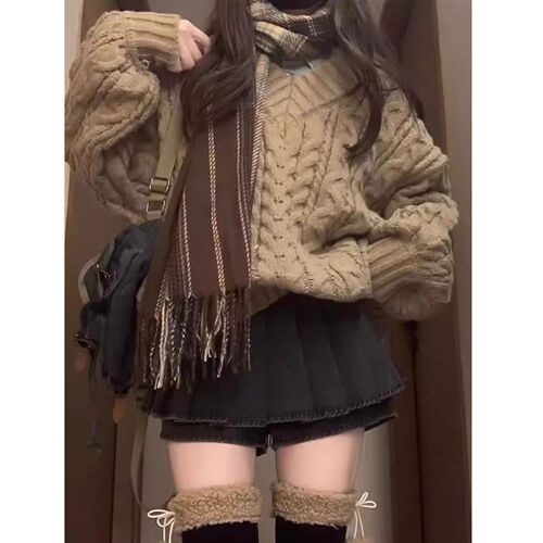 Lazy Style Retro V-Neck Crochet Lantern Sleeve Hooded Cardigan Women's Autumn/Winter New Loose Thick Knitted Top