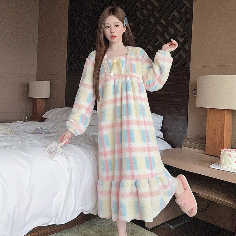 Princess Style Autumn and Winter Flannel Nightgown Women's Square Collar Bow Fleece-Lined Warm Mid-Length Loose Large Size Dress Princess Style Autumn and Winter Flannel Nightgown Women's Square Collar Bow Fleece-Lined Warm Mid-Length Loose Large Size Dress