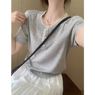 法式灰色蕾丝花边针织短袖t恤女夏小个子设计感别致绝美上衣