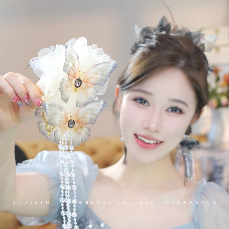 Mariposa bordilla agarrar clip de tiburón estilo antiguo clip de cabello grande más clip de tocado de malla detrás de la cabeza clip de cabello