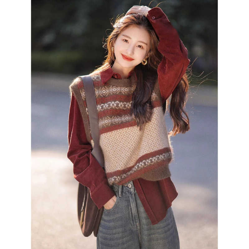 Maillard Suit Women's Autumn and Winter 2025 New Design Soft Waxy Knitted Vest Vest Long-Sleeved Shirt Two-Piece Set