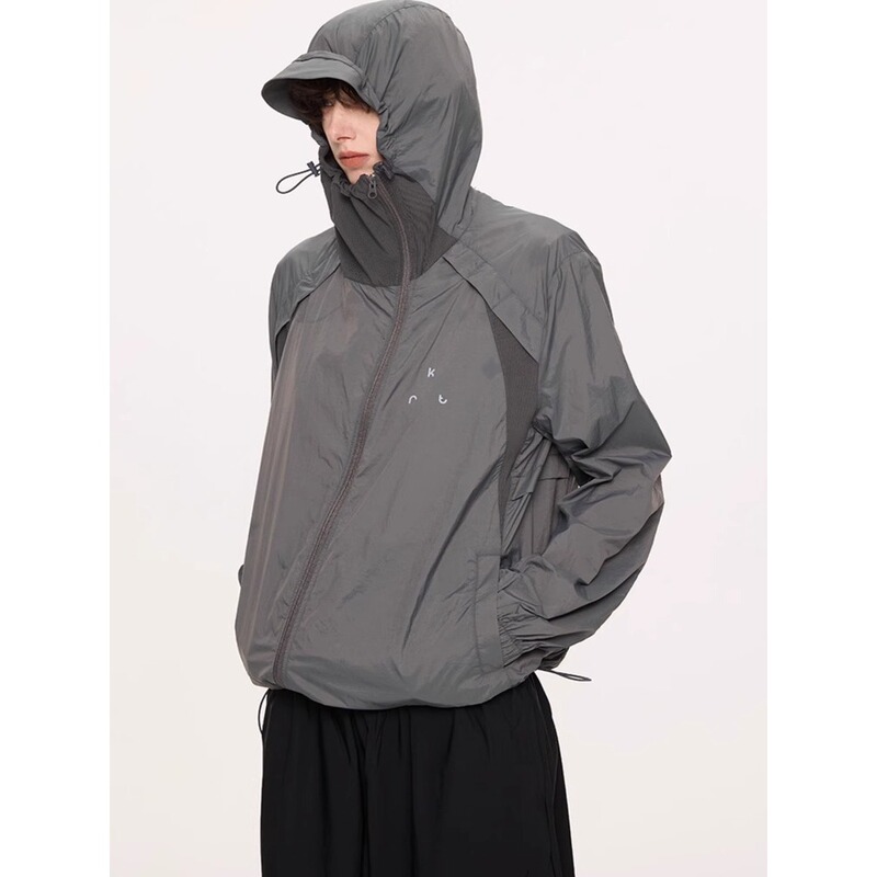 American-Style Ice Silk Quick-Drying Outdoor Sun Protection Clothing for Men, New Summer Design with Mask, Hooded Diagonal Zipper Breathable Jacket