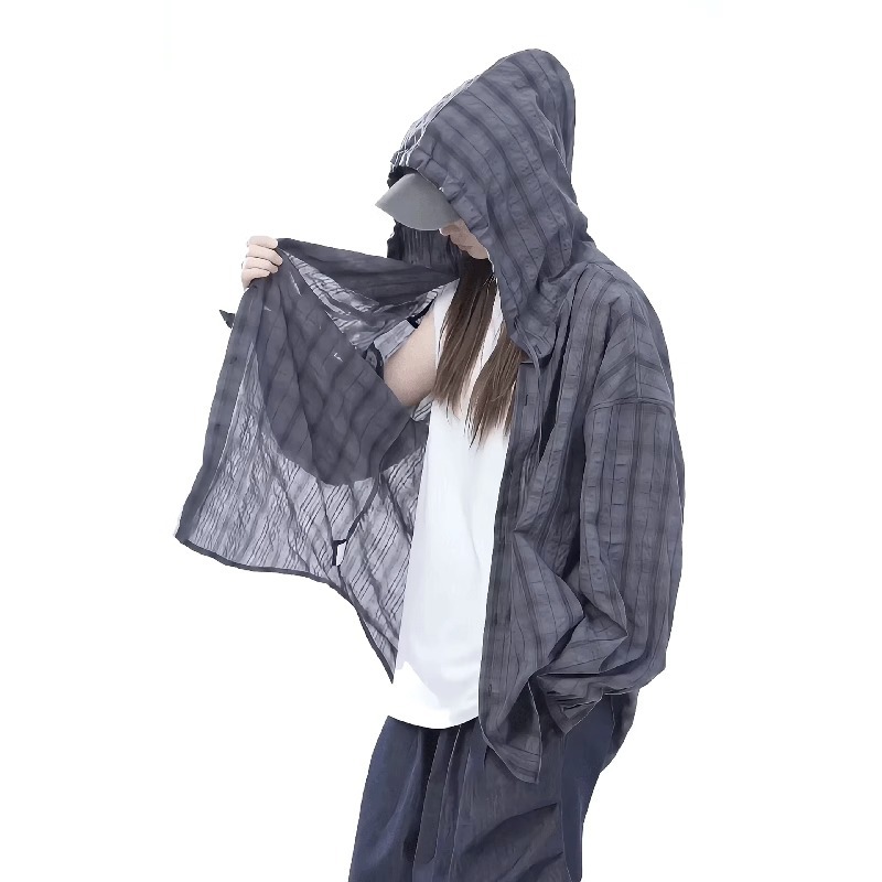 Blue Plaid Shirt for Men and Women, Summer Ice Silk Quick-Drying Hooded Sun Protection Jacket, Long-Sleeved Shirt with Cardigan