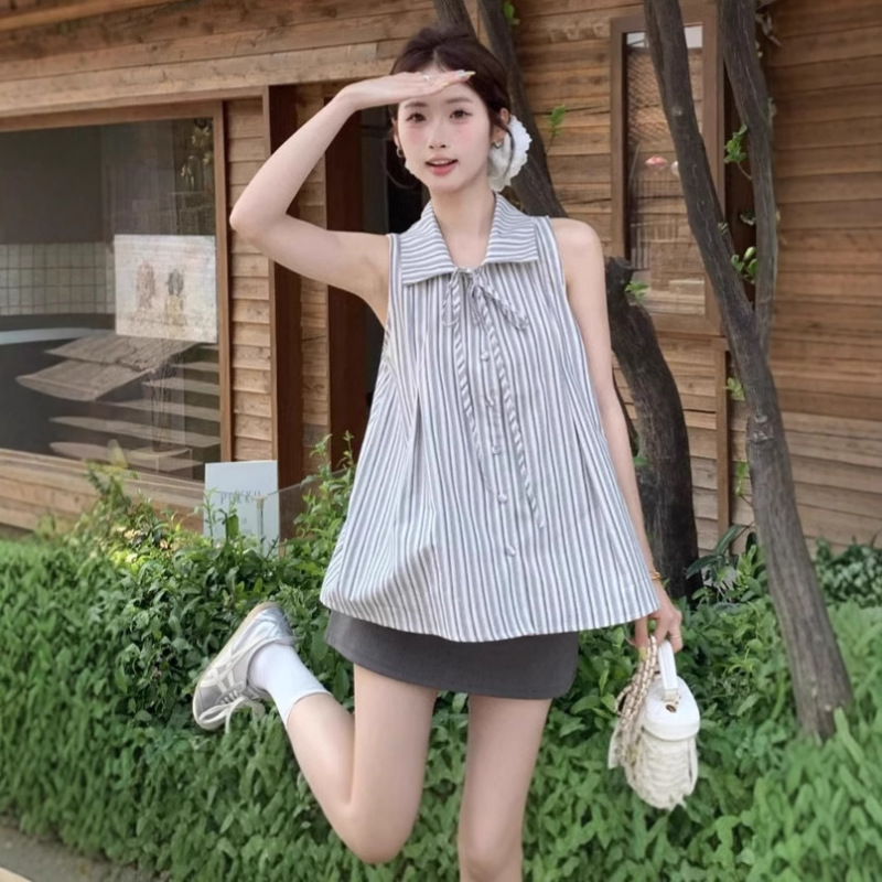 Factory Supply Design French High-End Striped Bow Shirt Sleeveless Top Student Slim Vest Women Summer