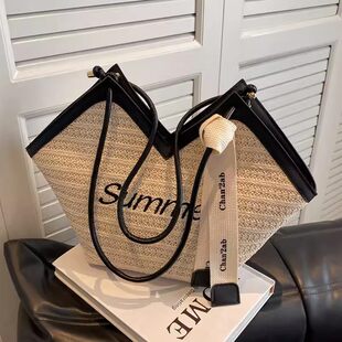 Small design summer straw one-shoulder bag, capacious linen bag