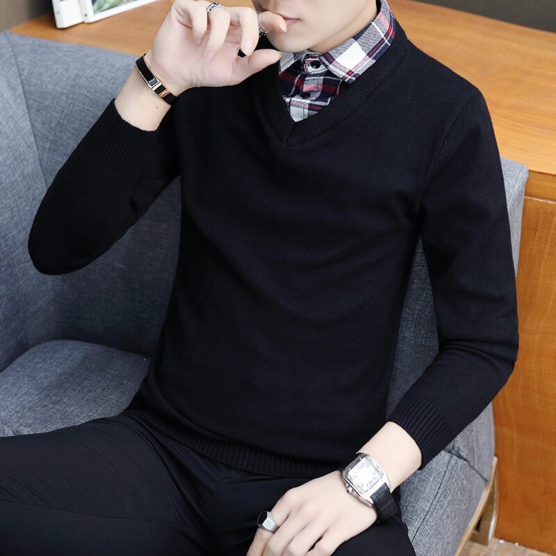 Men's faux two-piece sweater with shirt collar, knitted top, autumn and winter youth thickened shirt with collar, base layer Men's faux two-piece sweater with shirt collar, knitted top, autumn and winter youth thickened shirt with collar, base layer