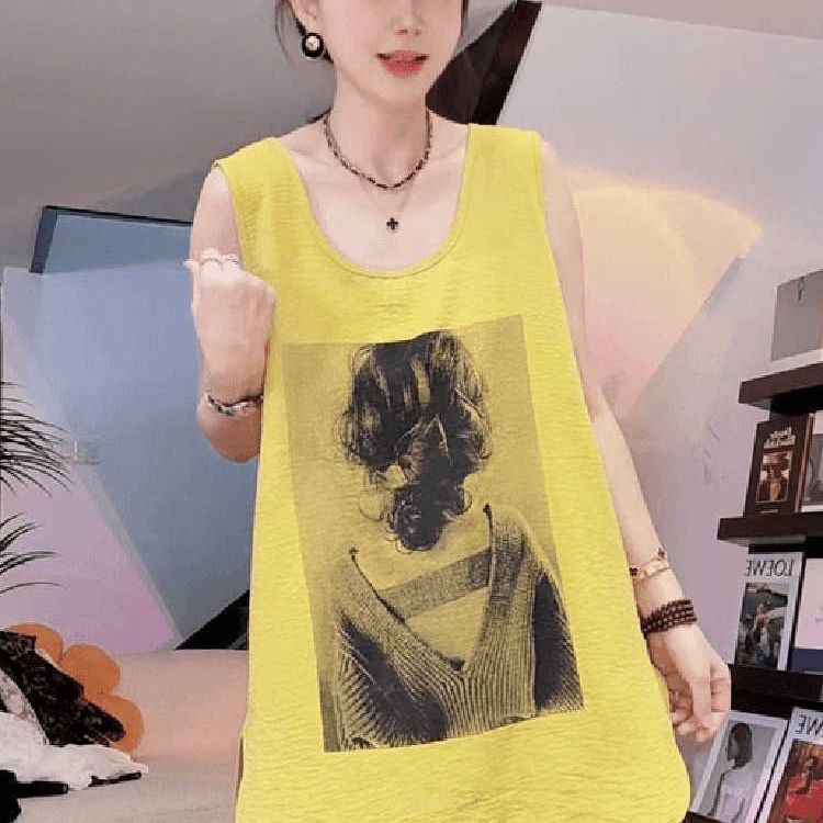 Fashion Printed Vest for Women, Loose Fit, New Large Size, Spring and Summer, Slimming, Ice Silk, Ruched Sleeveless Top, Women's Style 2026 Fashion Printed Vest for Women, Loose Fit, New Large Size, Spring and Summer, Slimming, Ice Silk, Ruched Sleeveless Top, Women's Style 2026