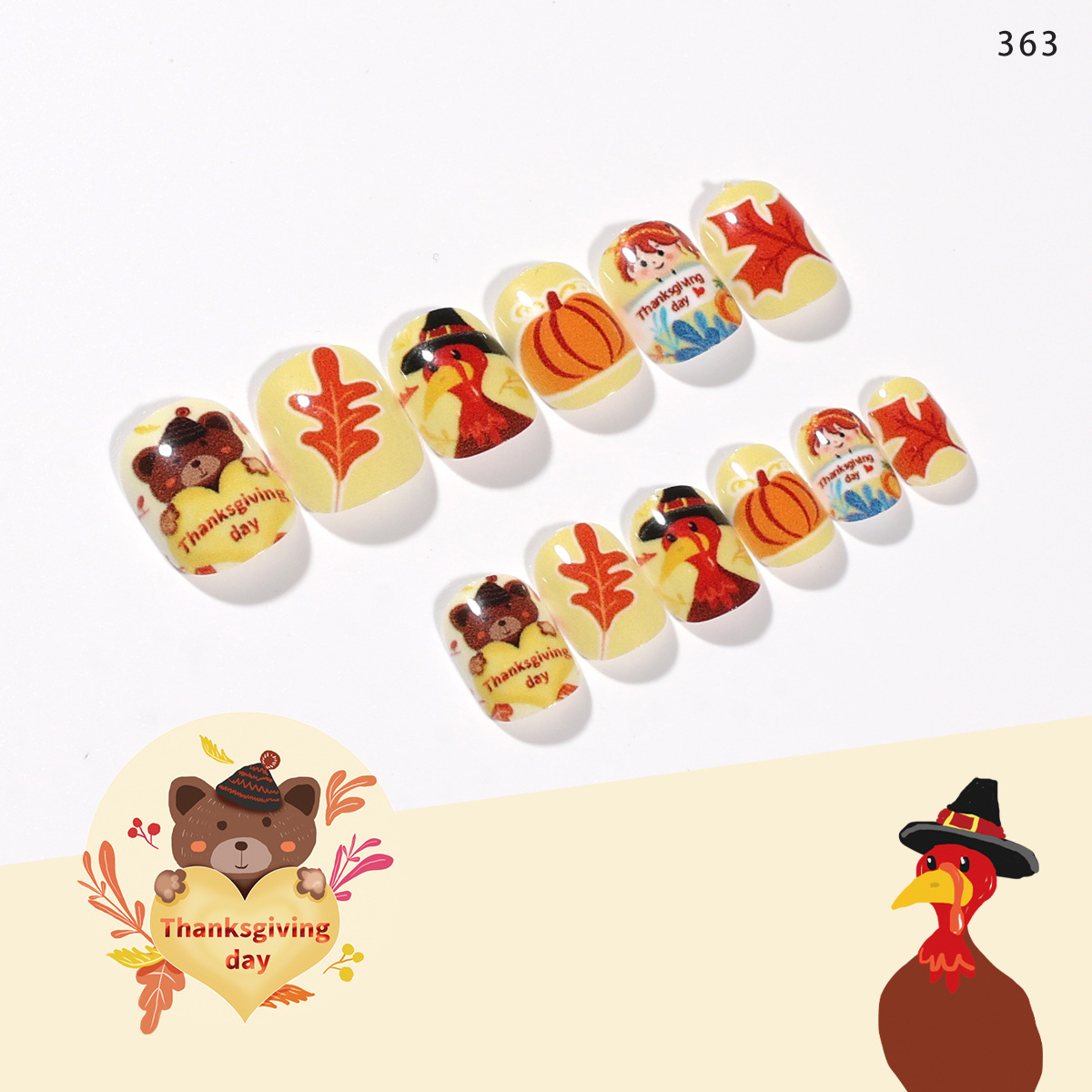 Los niños usan uñas lindo Acción de Gracias hoja de arce Turquía divertido pieza de uñas para niños uñas falsas pieza de uñas terminada