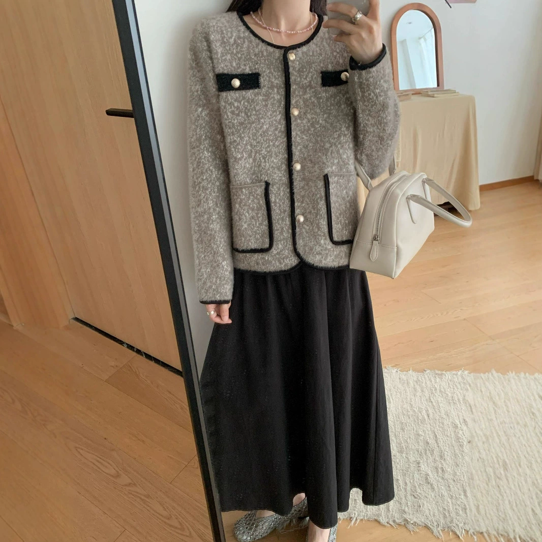 Женский трикотажный кардиган KANING в твидовом стиле, брюки с высококачественными карманами-клапанами, осенняя новинка 2025 года, короткий жакет