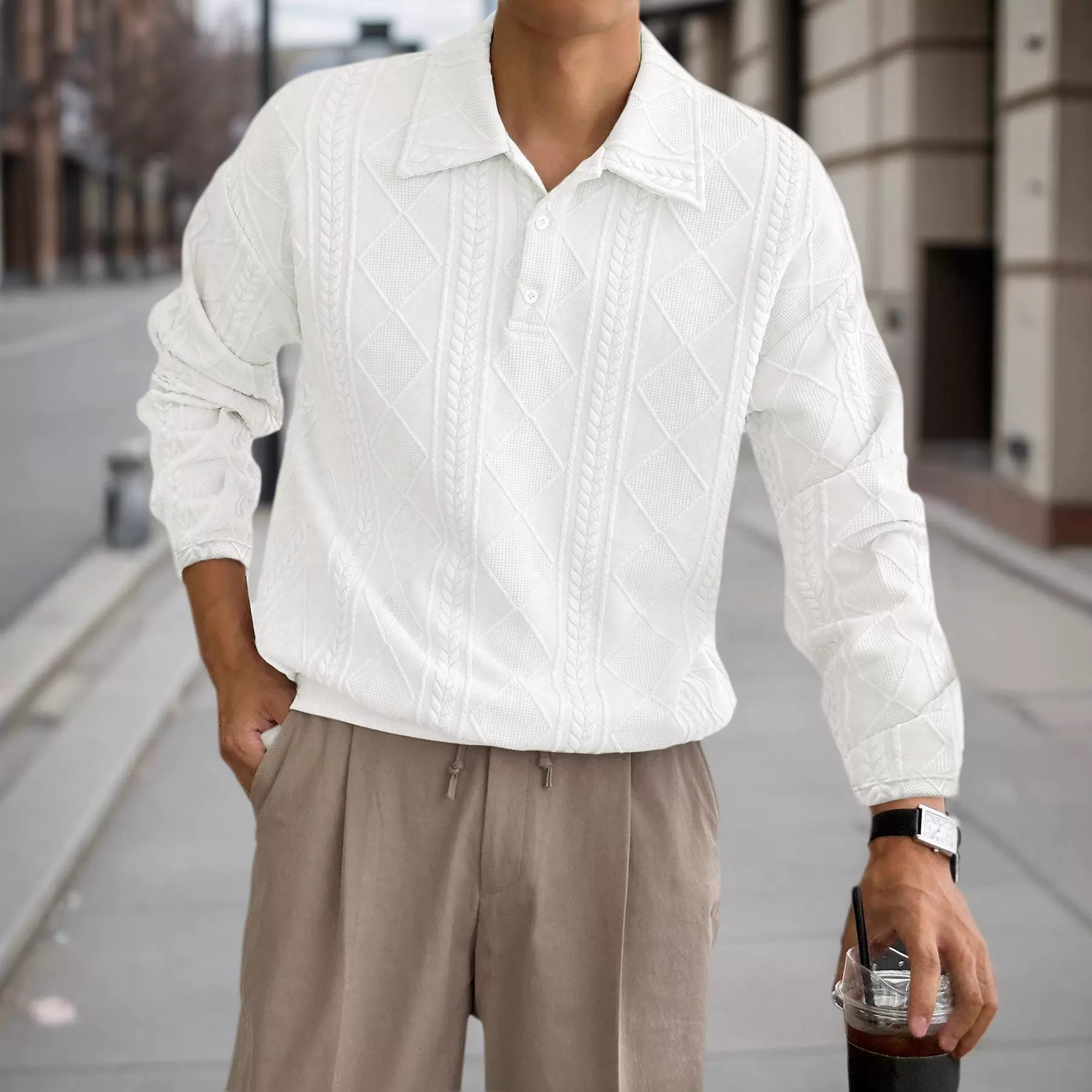 跨境欧美亚马逊男装Plol衫长袖春秋美式复古休闲提花打底衫G6011