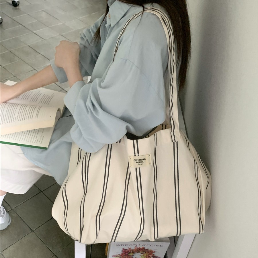 Korean Style Striped Canvas Tote Bag, Large Capacity Casual Shoulder Bag