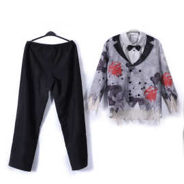 外贸新款万圣节儿童cos演出服灰色血迹西装套装 节日氛围感服装