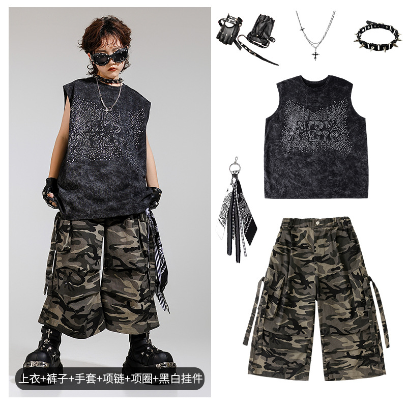 Disfraz de niño de baile callejero para niños, traje de chaleco sin mangas de diamantes calientes para niños guapos