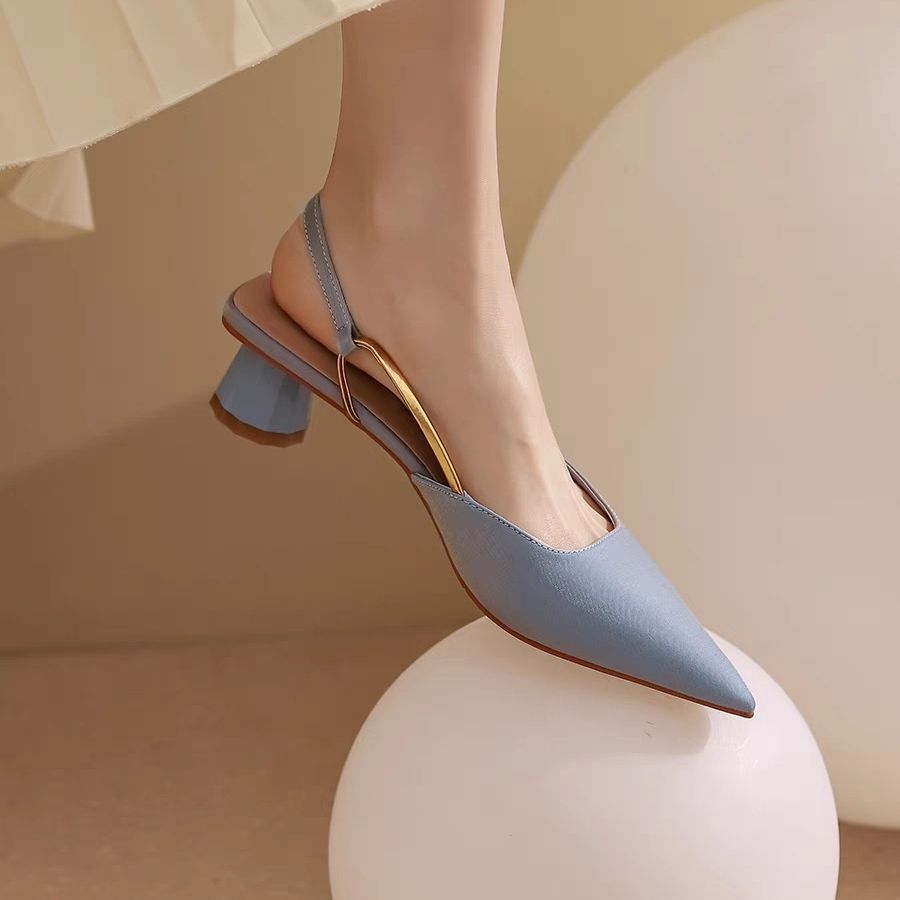 French satin temperament single shoes low heel toe sandals 2024 spring and summer new style medium high heels pointed toe single shoes_voghion.com