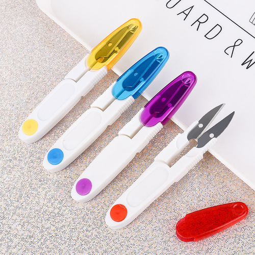 Small cross-stitch scissors, transparent covered thread scissors, safety sewing scissors, household U-shaped plastic spring yarn scissors wholesale
