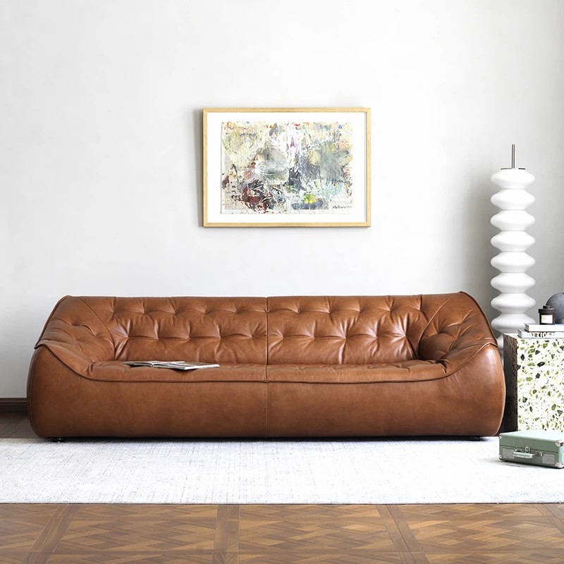 Foshan Factory Retro Bean Bag Leather Sofa American Oil Wax Living Room Antique Style Large Straight Row First Layer Cowhide Sofa