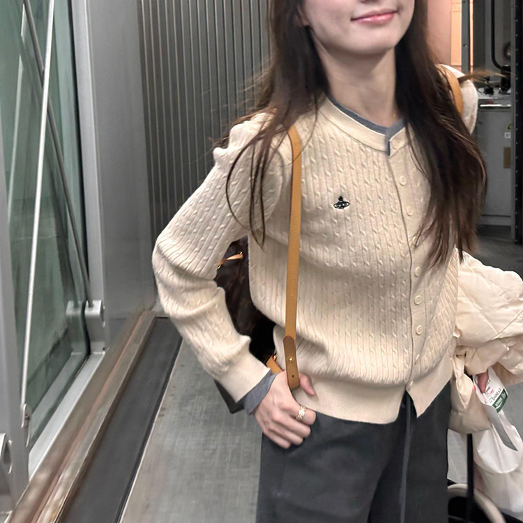 刺绣假两件针织开衫女圆领绞花秋冬新款打底上衣长袖麻花毛衣外套|undefined