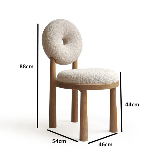 Trendy Instagram-worthy cream-colored lambswool chair set with Wabi-Sabi-style polished stone round dining table and chairs, perfect for compact spaces—featuring a sleek rock slab top paired with solid wood dining table.