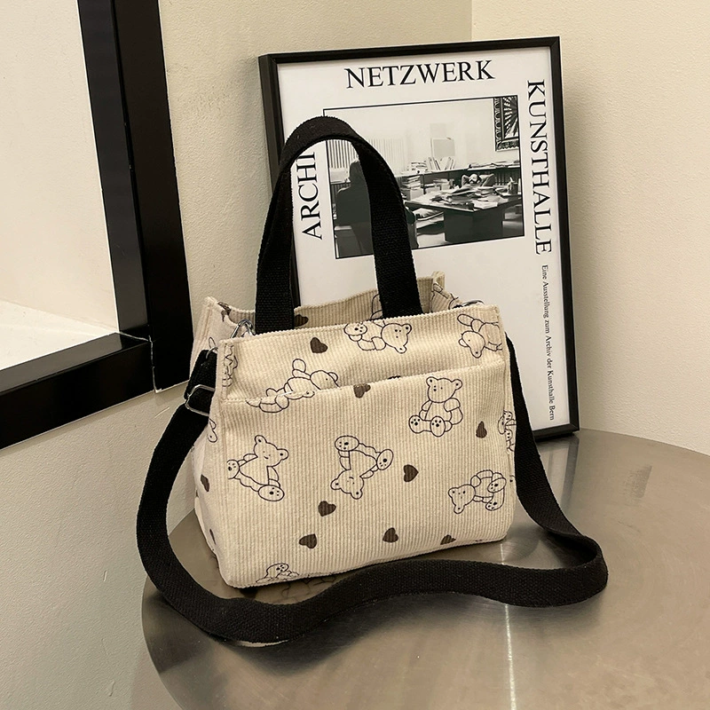 Трансграничная новая вельветовая ручная сумка мультяшный медведь с принтом студенческая сумка на плечо для отдыха