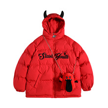 潮牌恶魔挎包加厚连帽棉衣美式高街网红情侣棉服男女小众可爱外套