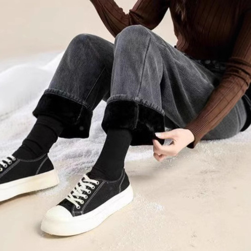 Knit Fleece Thick Denim Pants for Girls, Autumn/Winter Style, Hong Kong Fashion, New Arrival, Straight Leg, Loose Wide Leg, Dadjeans