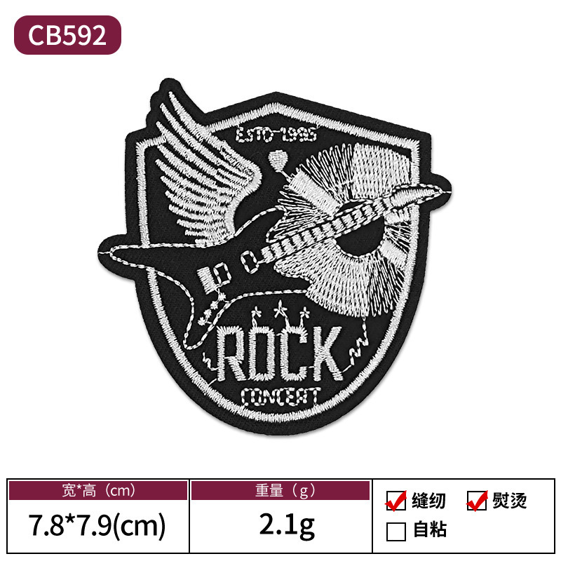 国境を越えた売れ筋白黒ロックパンクスタイル刺繍スカル布パッチ衣類装飾パッチパッチ|undefined