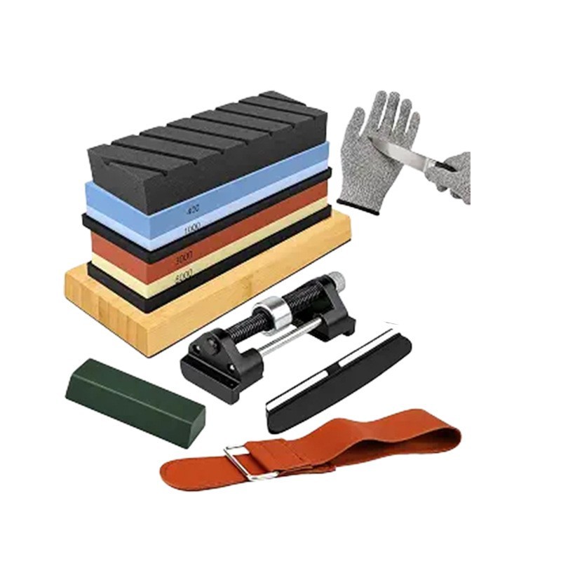 Grande preto simples + 400/1000 duplo azul + 3000/8000 vermelho e amarelo + base de bambu + pano de faca giratória + porta-faca + bloco de cera + ajustador de ângulo + luvas