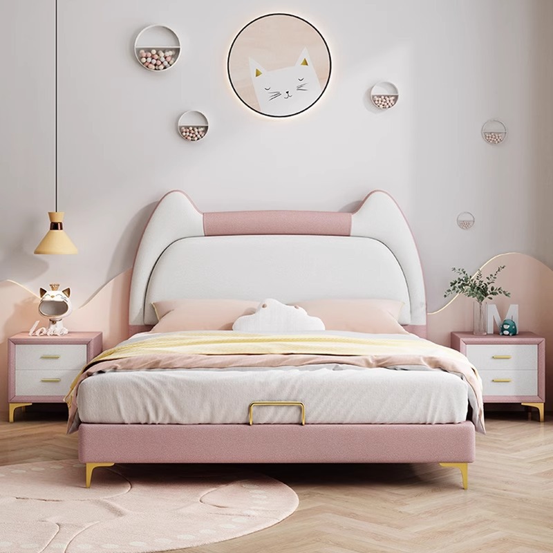 Children's Bed Girl Princess Bed Boy Bedroom Modern Simple Cat Ears Solid Wood Soft Bag Storage Single and Double Leather Bed