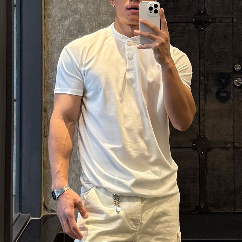 健身短袖男士夏季简约纯色中式POLO衫亨利领运动透气收袖口短袖潮|undefined
