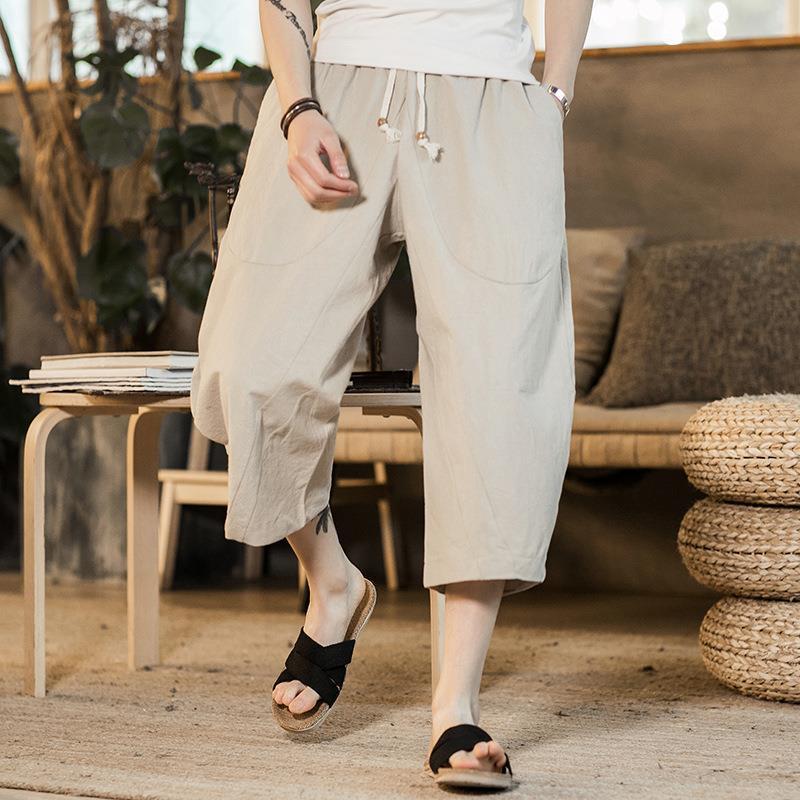 Pantalones cortos, pantalones cortos para hombre, pantalones de estilo chino, pantalones finos de lino de verano, pantalones anchos sueltos de algodón y lino, pantalones casuales de 7 puntos