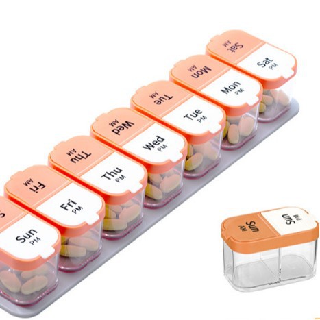 La nueva caja de medicamentos de 14 compartiones de HuDongkang, caja de medicamentos de plástico de 14 compartiones desmontable doble, caja de almacenamiento de plástico PP de grado alimenticio