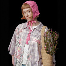 原创美式复古花卉涂鸦格子翻领宽松百搭时尚衬衫纽扣印花休闲短袖