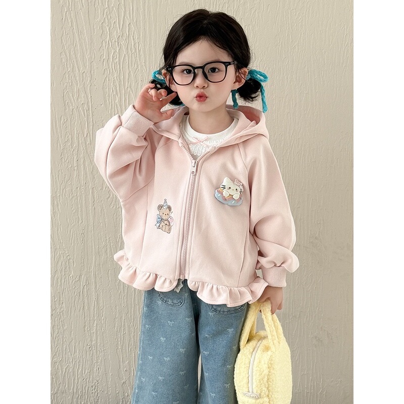 Sweet Little Girl's Autumn Korean Style Fashionable Jacket New Cartoon Animal Embroidery Hooded Cardigan Top