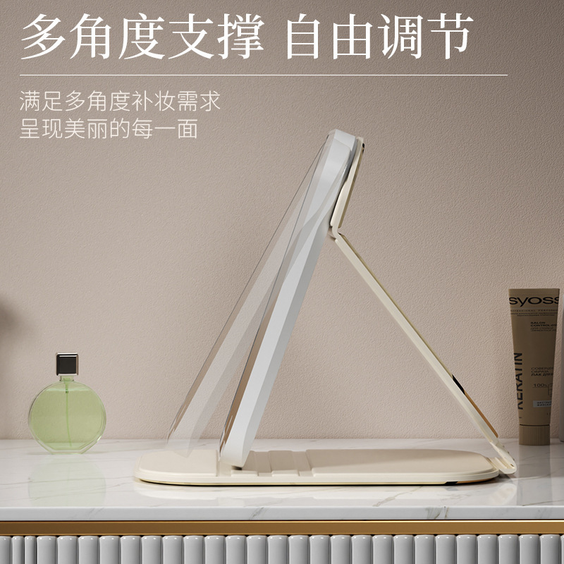 Espejo de maquillaje plegable portátil lindo con lámpara led escritorio de escritorio para estudiantes de escritorio dormitorio dibujos animados espejo doméstico
