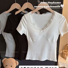 实拍 早春韩版纯欲v领蕾丝边修身显瘦长袖打底衫T恤上衣女