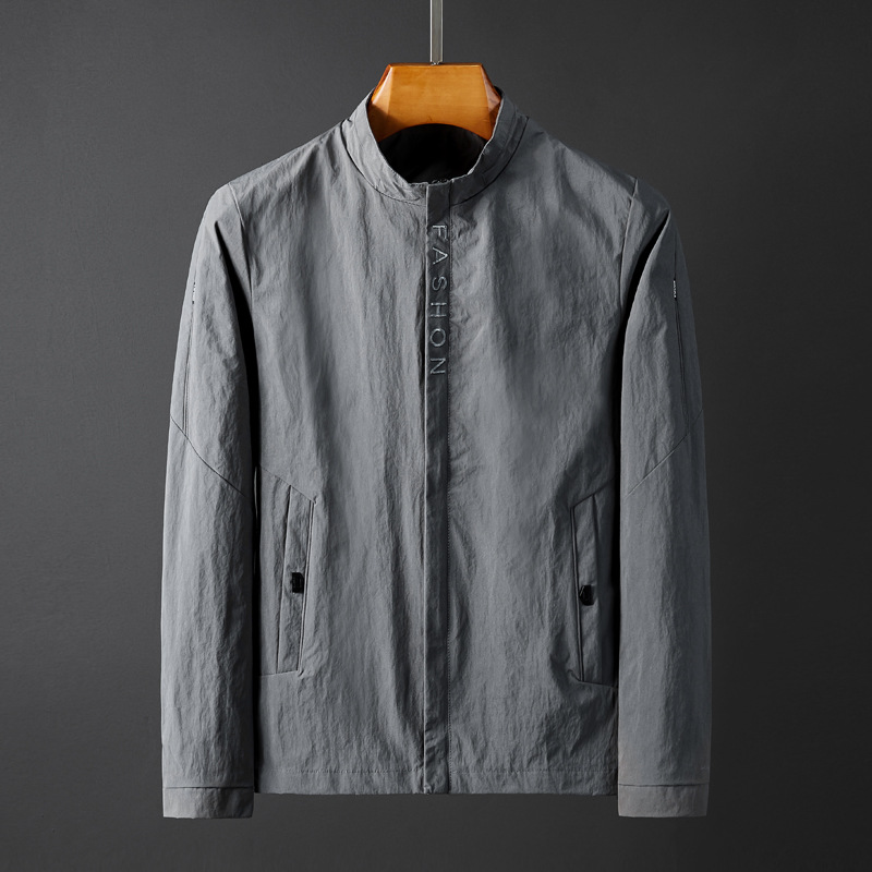 春秋款青年男士立领夹克休闲开衫纯色外套复古邹文锦纶修身上衣潮