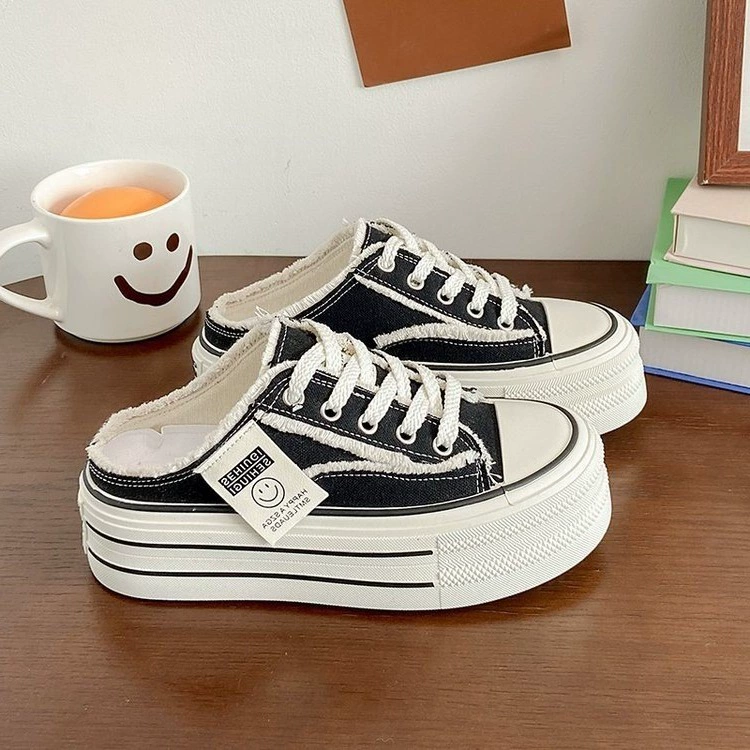 Женские летние полусандалии из холщовой ткани Баотоу, новинка 2025 года, на толстой подошве, модные, повседневные, на шнуровке, удобные.